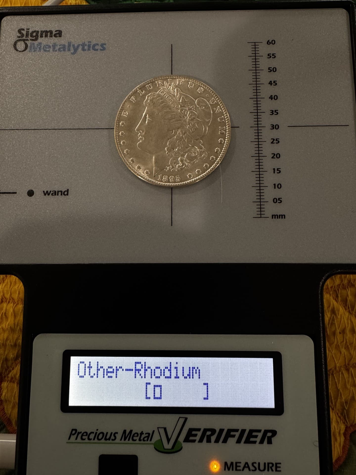 Sigma Metalytics rhodium test result on a Morgan dollar