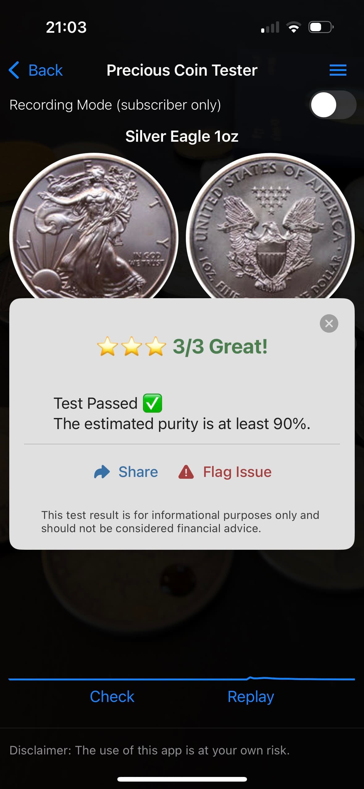 A Positive Test Result from Precious Coin Tester
