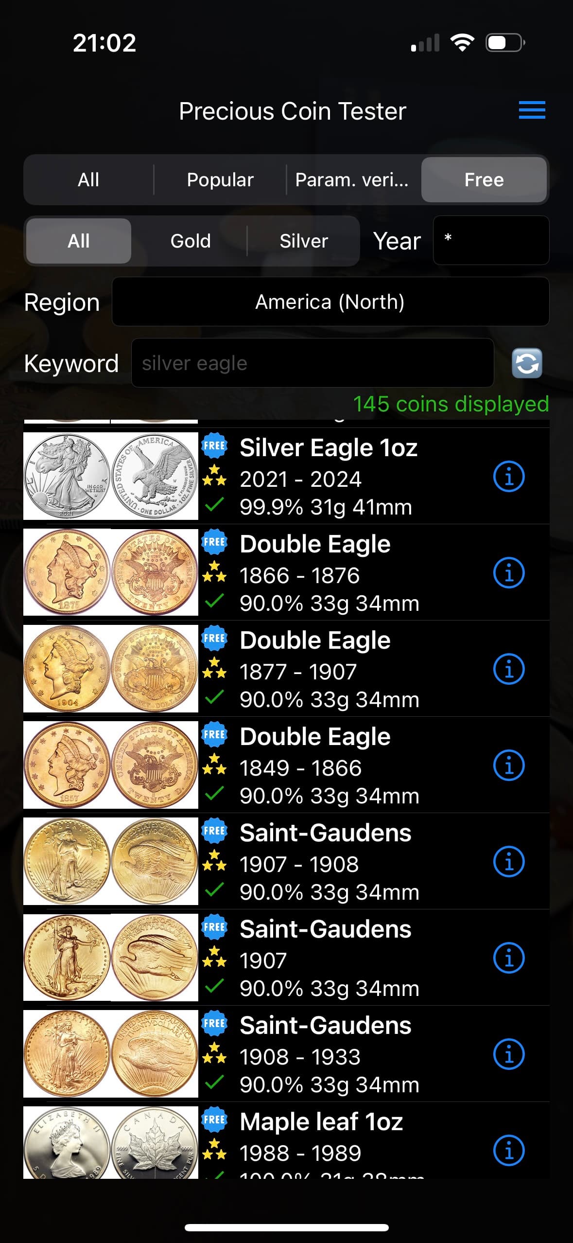 Examples of coins in Precious Coin Tester