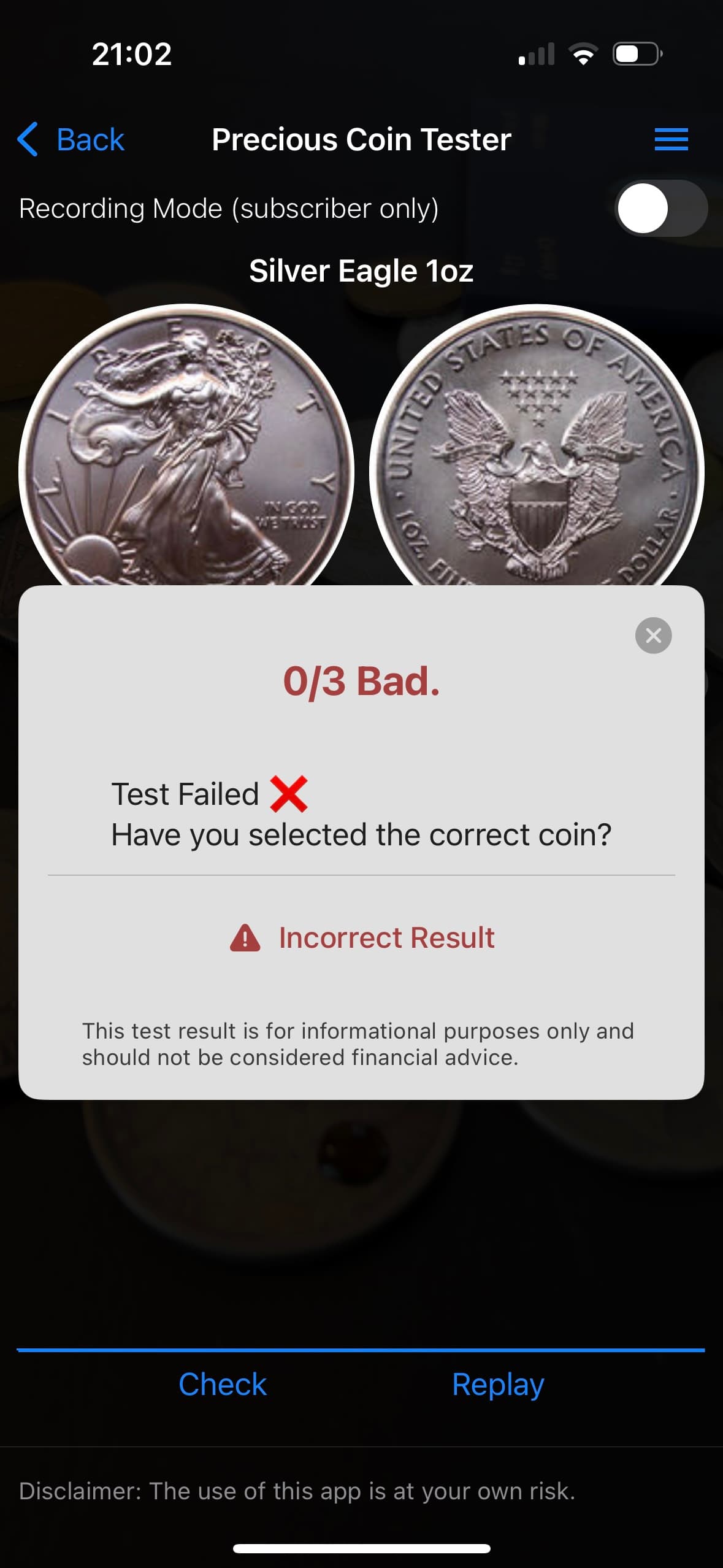 A Negative Test Result from Precious Coin Tester