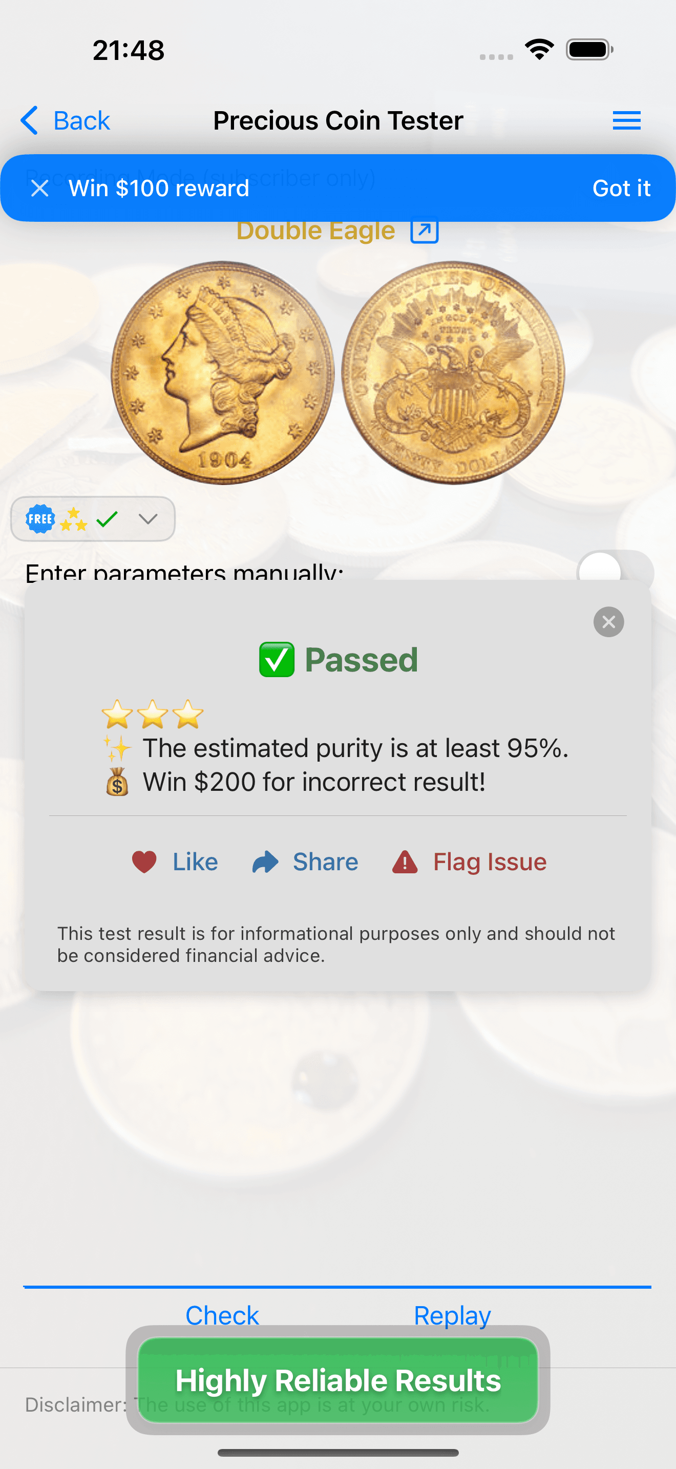 Precious Coin Tester showing a passed result with an estimated purity