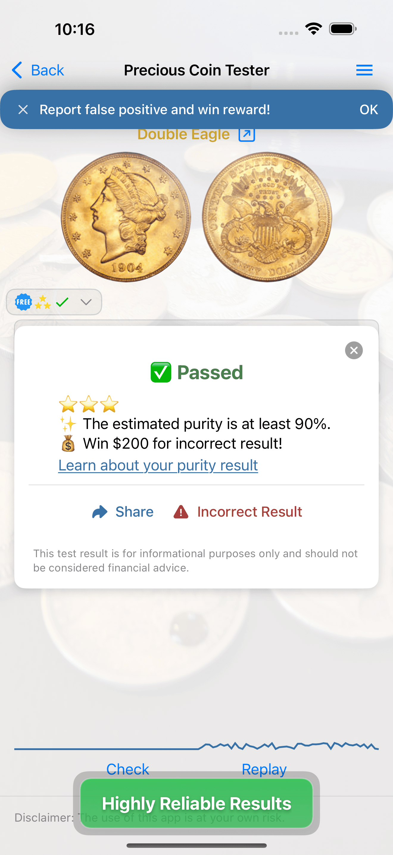 Precious Coin Tester showing a passed result with an estimated purity