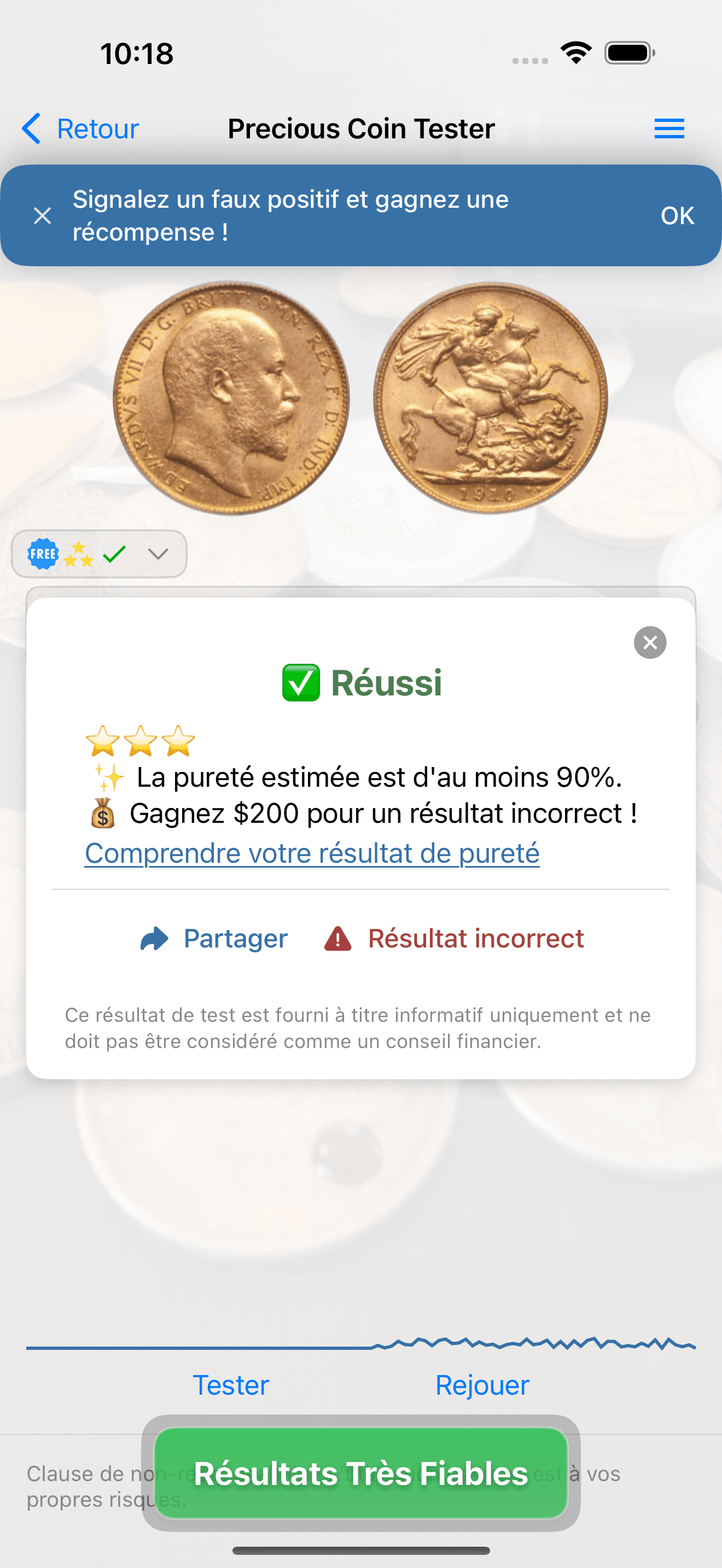 Precious Coin Tester affichant un résultat réussi avec la pureté estimée