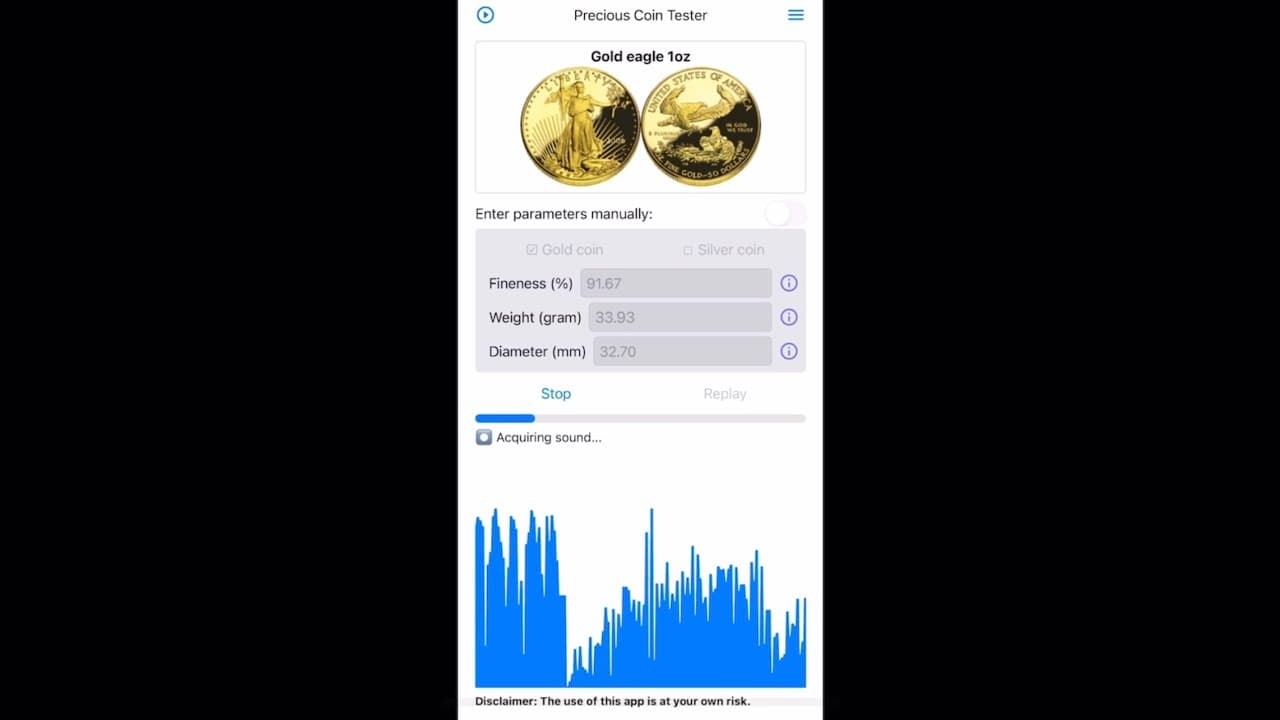 Testing my One Ounce Gold Eagle with the Precious Coin Tester app.