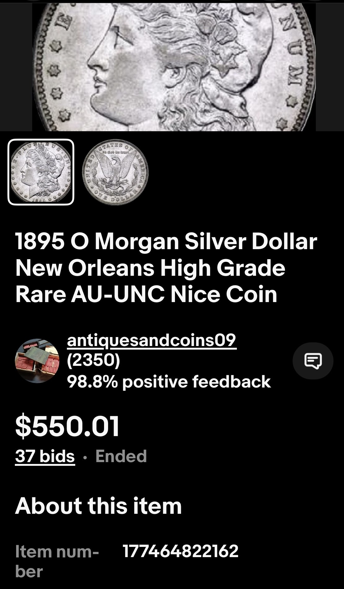 eBay listing of the 1895-O Morgan Dollar
