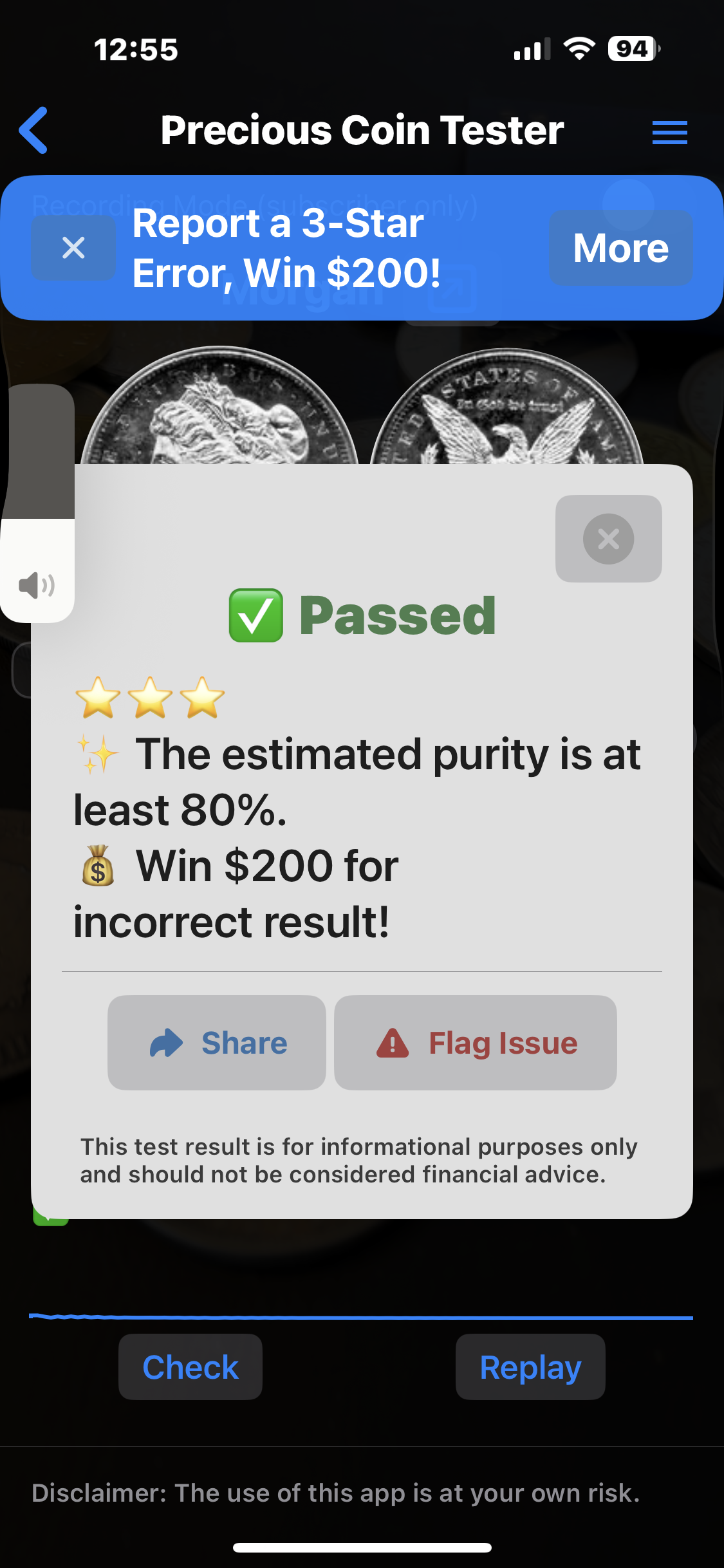 Precious Coin Tester app showing pass result